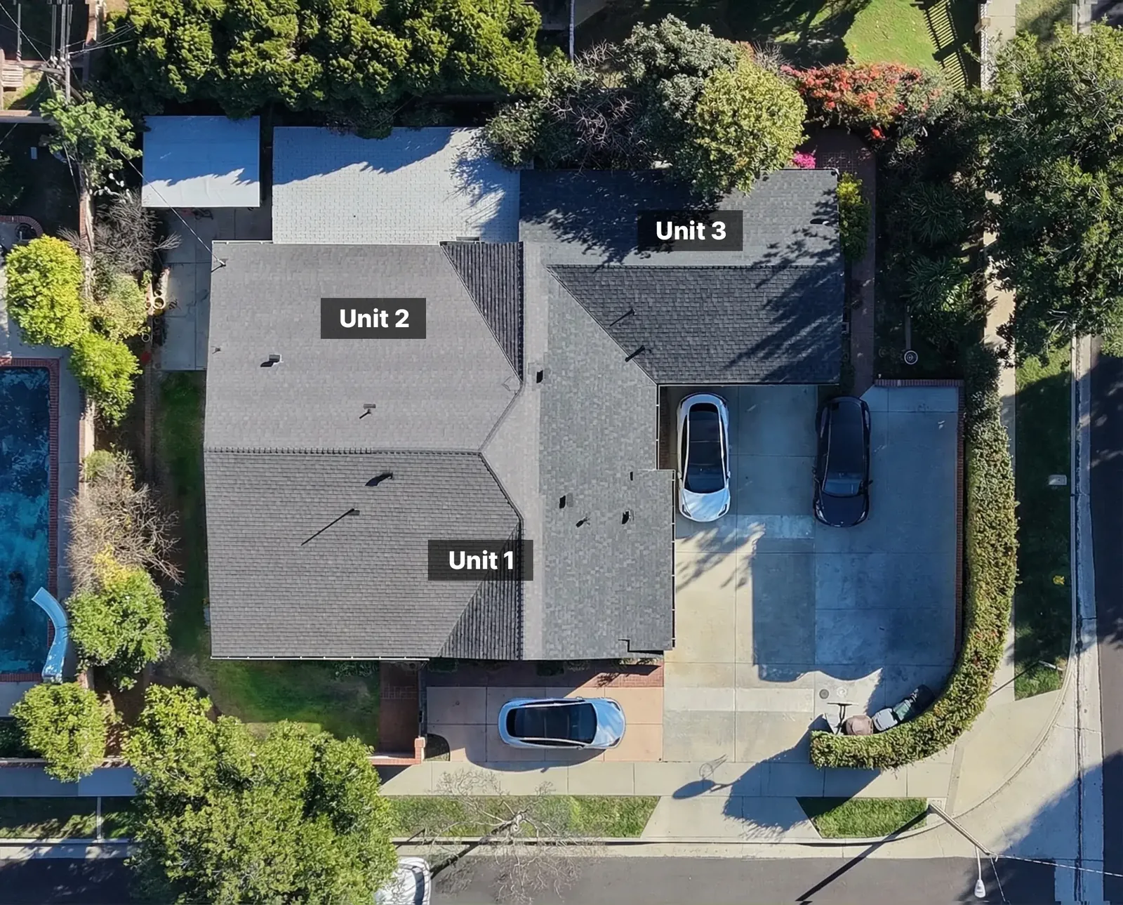 Aerial photograph of the finished Walnut property with its three units labeled Unit 1, Unit 2 and Unit 3