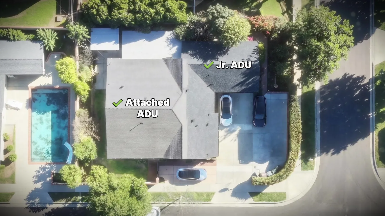 Aerial view of the Walnut home with the attached ADU and junior ADU marked within the existing roofline