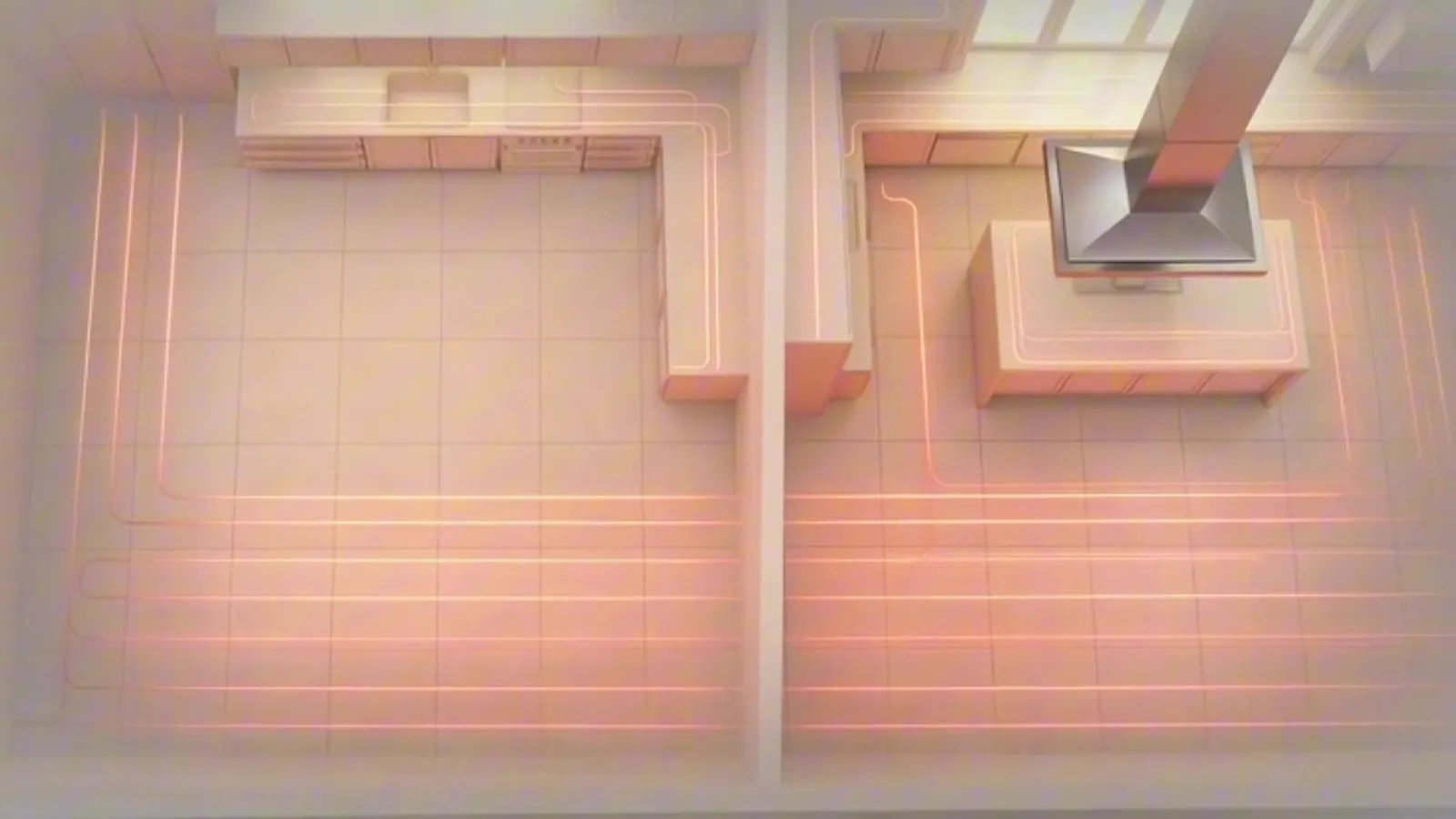 Cutaway illustration of radiant floor heating loops and central air ducts serving all units